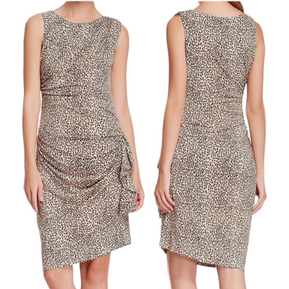 Betsey Johnson Leopard Print Jersey Knit Ruched Sheath Dress 8